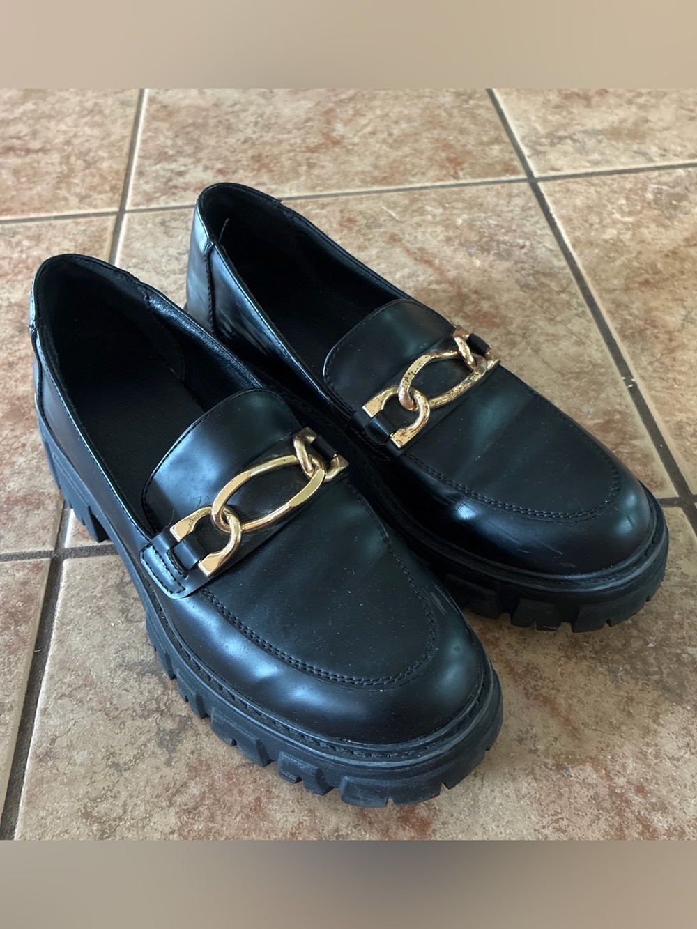 Black Platform Loafers with Gold Chain Accent - Women's Mules & Clogs